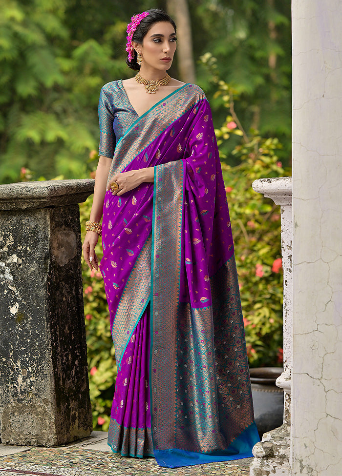 Wine Banarasi Silk Saree With Blouse Piece