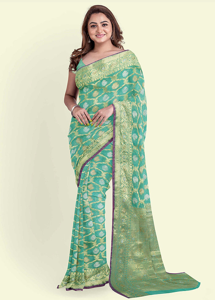 Sea Green Silk Zari Saree Without Blouse Piece