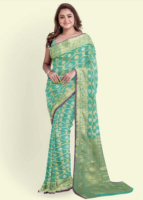 Sea Green Silk Zari Saree Without Blouse Piece