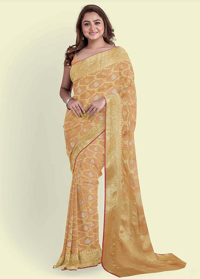 Beige Silk Zari Saree Without Blouse Piece