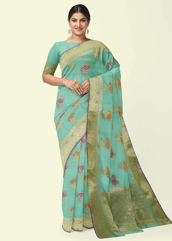 Sea Green Silk Zari Saree Without Blouse Piece