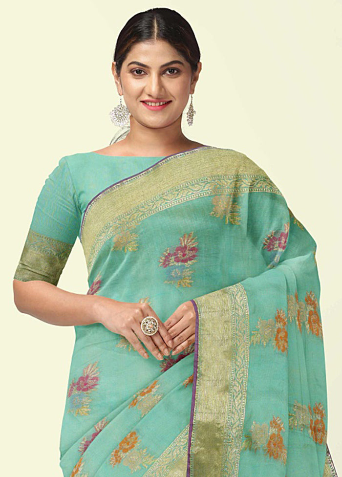 Sea Green Silk Zari Saree Without Blouse Piece