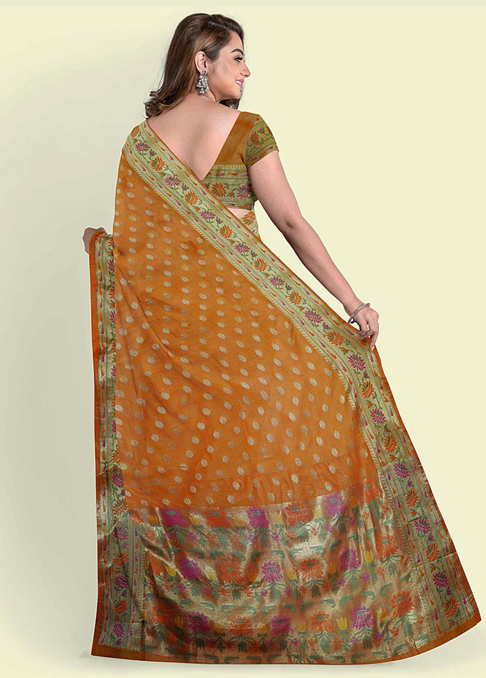 Orange Silk Zari Saree Without Blouse Piece