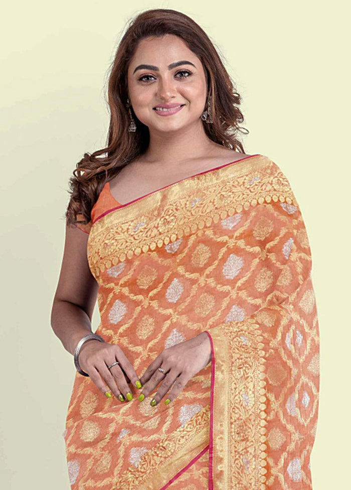 Peach Silk Zari Saree Without Blouse Piece