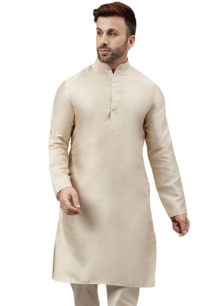 Beige Dupion Silk Solid Kurta