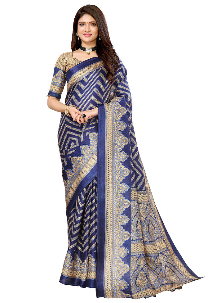 Navy Blue Dupion Silk Saree With Blouse Piece