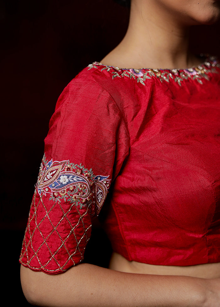 Red Blended Silk Designer Blouse