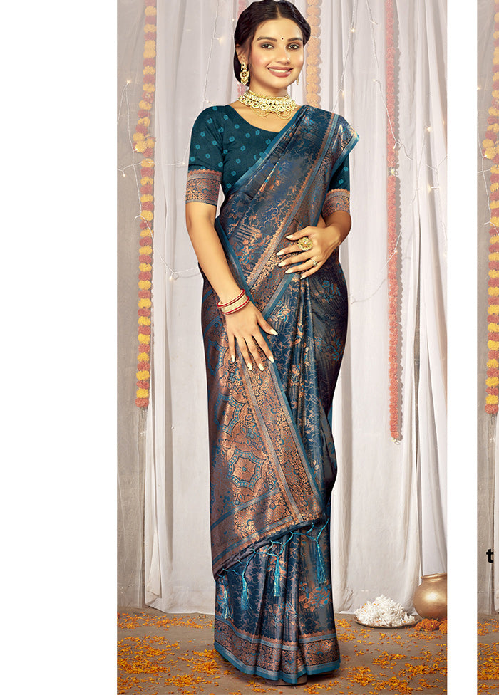 Blue Satin Silk Saree With Blouse Piece