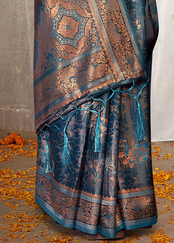 Blue Satin Silk Saree With Blouse Piece