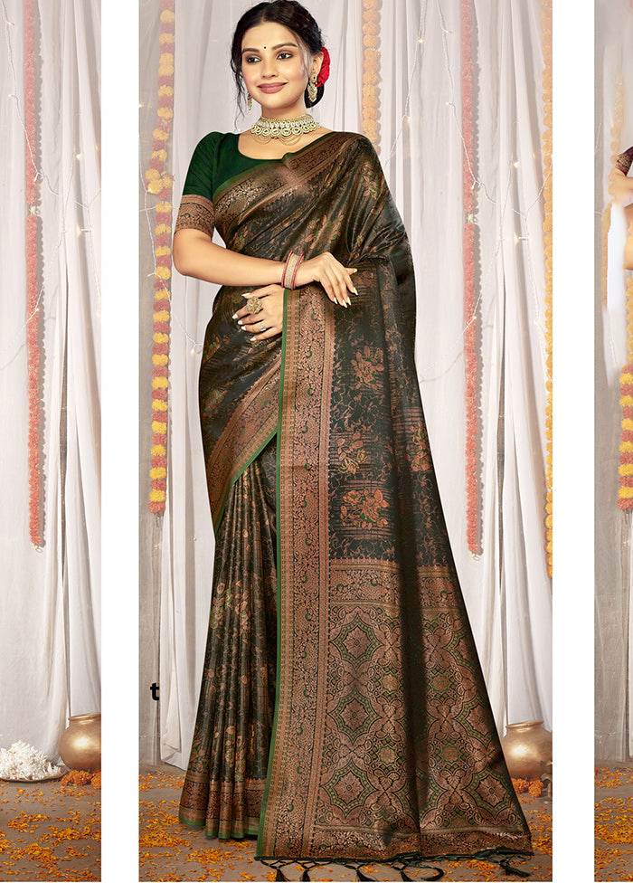 Green Satin Silk Saree With Blouse Piece