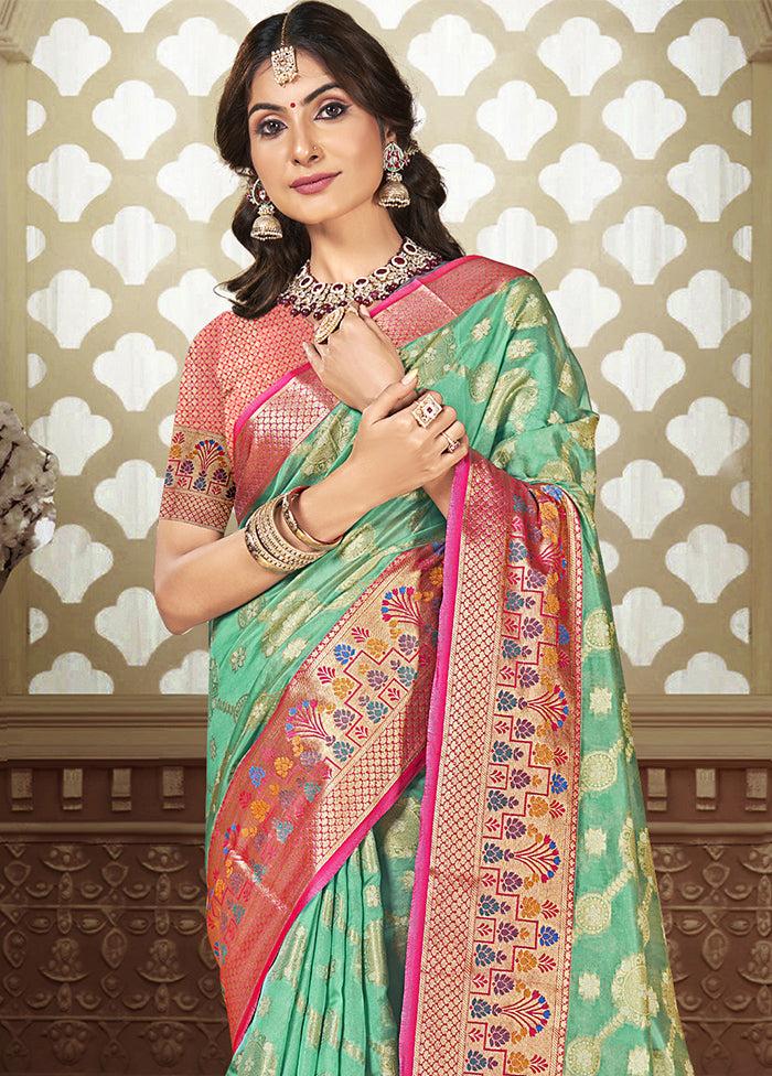 Turquoise Dupion Silk Saree With Blouse Piece