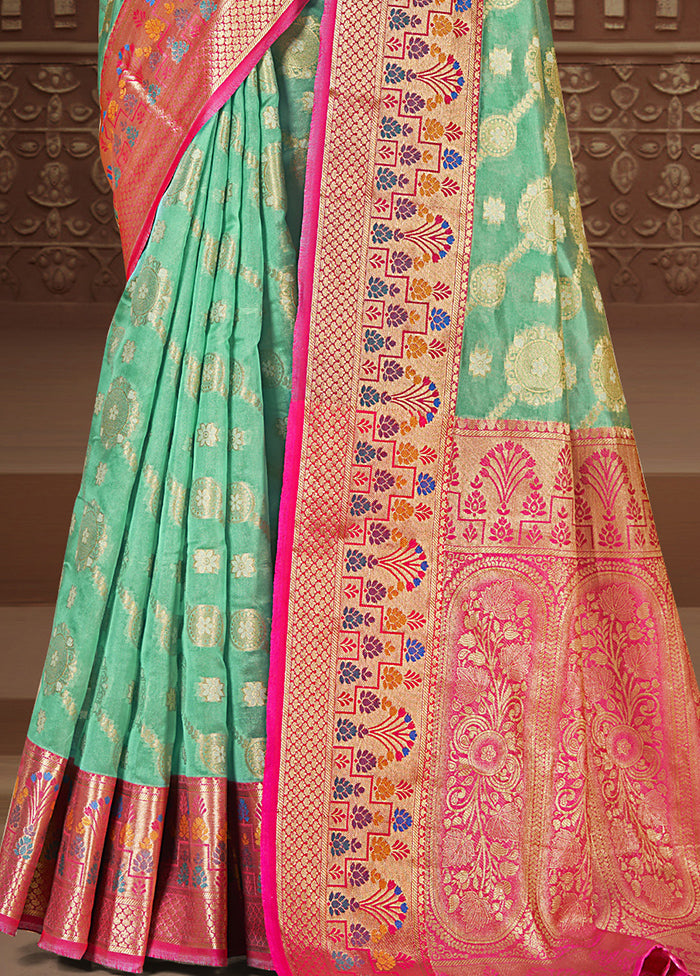 Turquoise Dupion Silk Saree With Blouse Piece