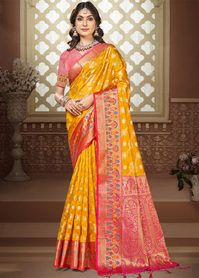 Yellow Dupion Silk Saree With Blouse Piece