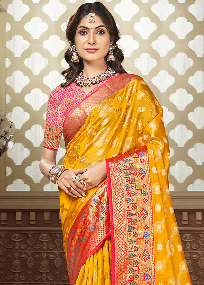 Yellow Dupion Silk Saree With Blouse Piece