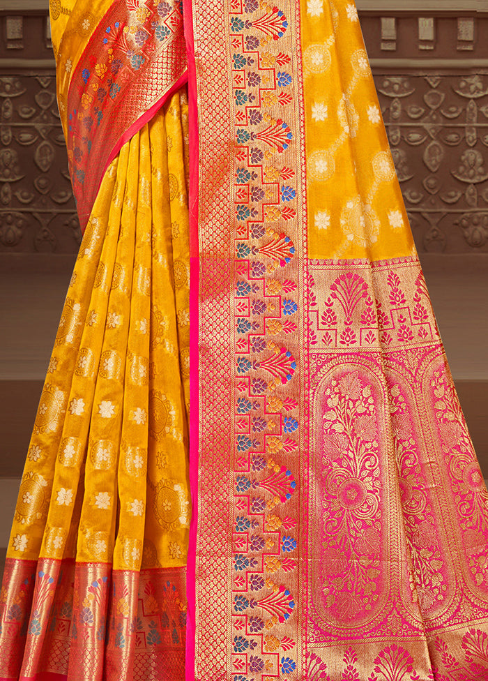 Yellow Dupion Silk Saree With Blouse Piece