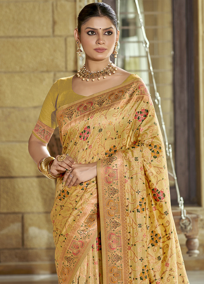 Gold Dupion Silk Saree With Blouse Piece