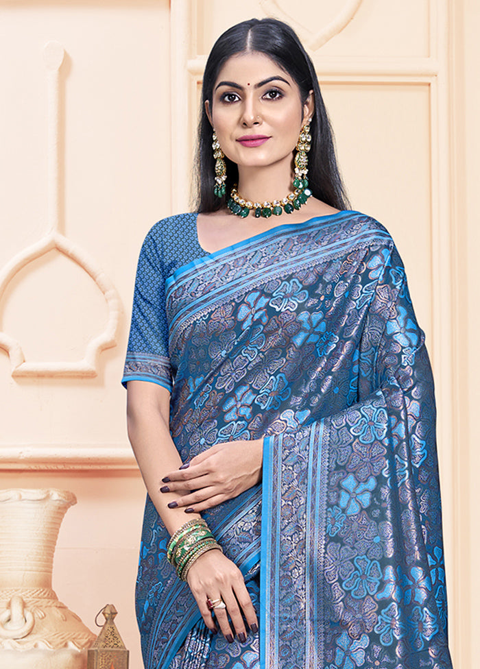 Blue Satin Silk Saree With Blouse Piece