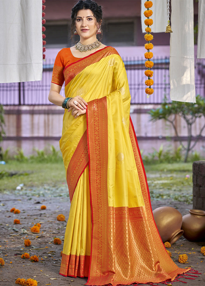 Yellow Dupion Silk Saree With Blouse Piece