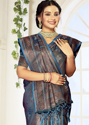 Blue Satin Silk Saree With Blouse Piece