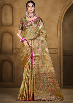 Olive Green Organza Saree With Blouse Piece