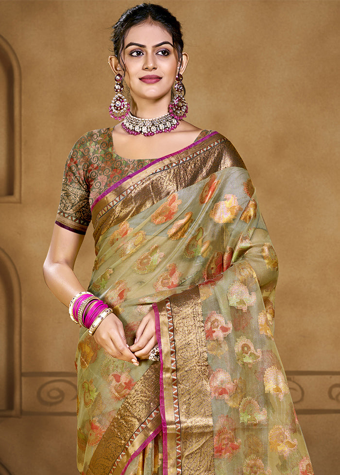 Olive Green Organza Saree With Blouse Piece