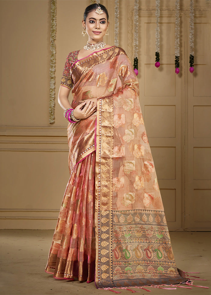 Peach Organza Saree With Blouse Piece