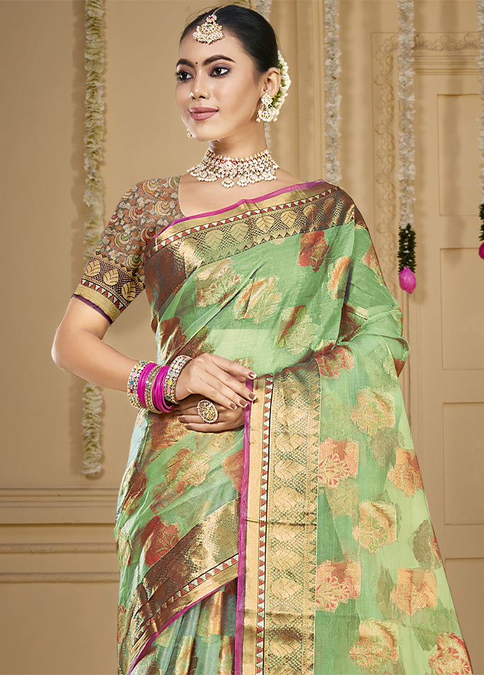 Pista Green Organza Saree With Blouse Piece