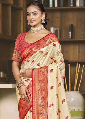 Cream Dupion Silk Saree With Blouse Piece