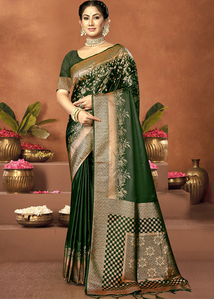 Green Satin Silk Saree With Blouse Piece