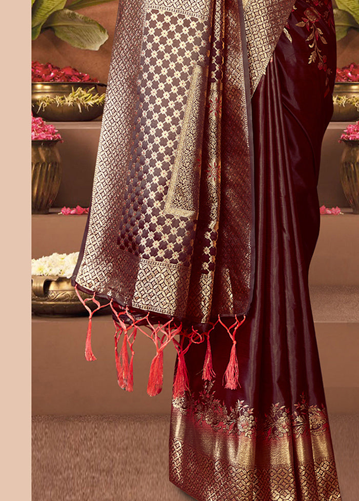 Wine Satin Silk Saree With Blouse Piece