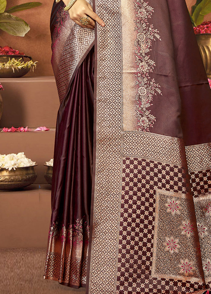 Brown Satin Silk Saree With Blouse Piece