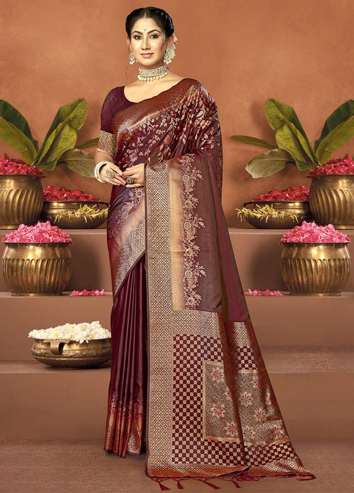 Maroon Satin Silk Saree With Blouse Piece