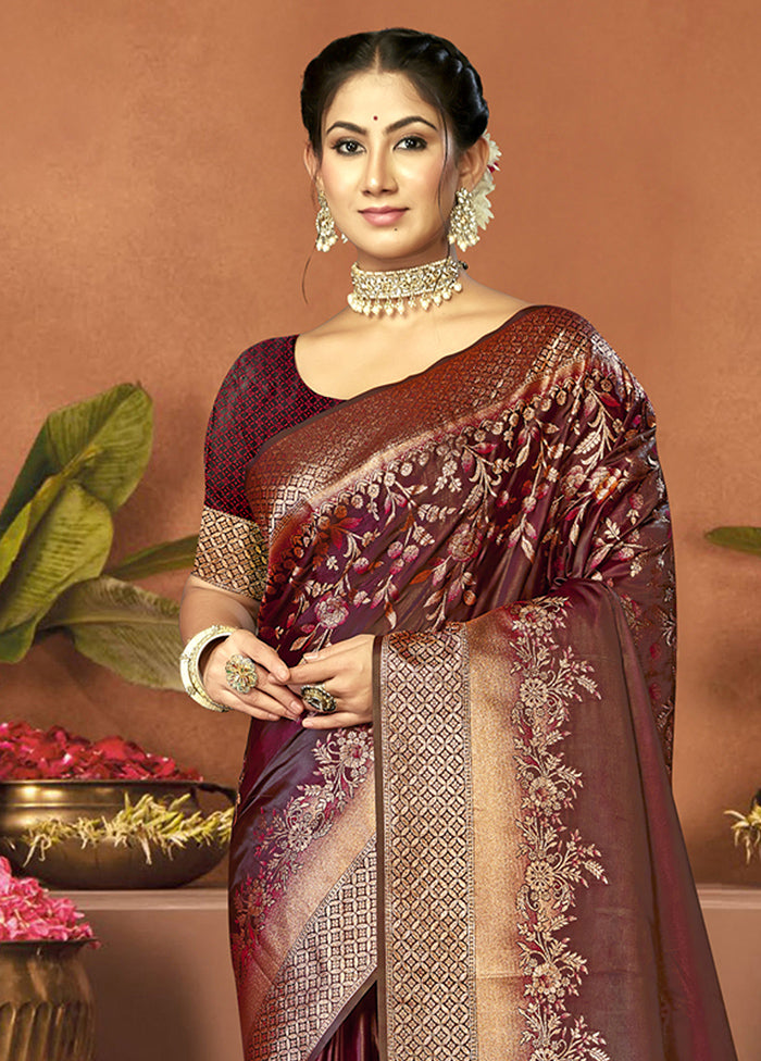 Maroon Satin Silk Saree With Blouse Piece