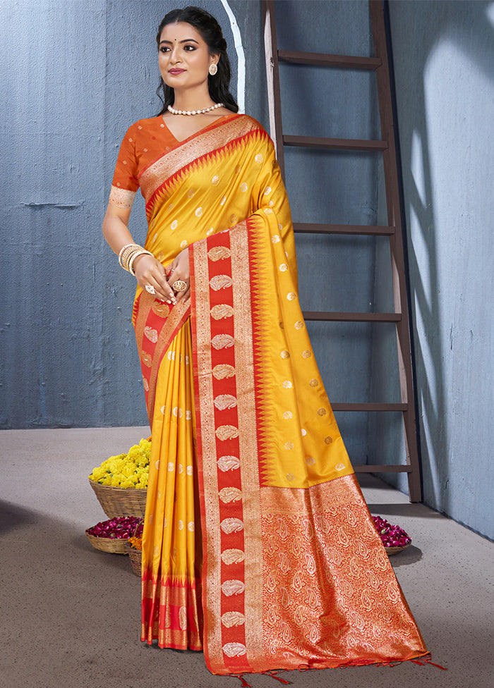 Yellow Dupion Silk Saree With Blouse Piece