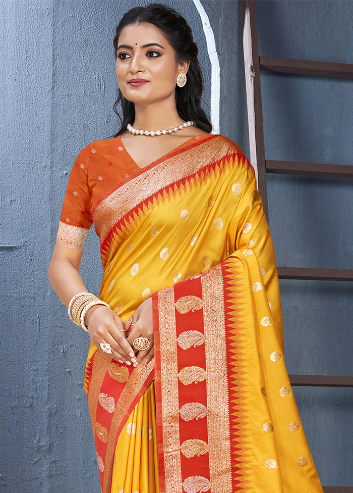 Yellow Dupion Silk Saree With Blouse Piece