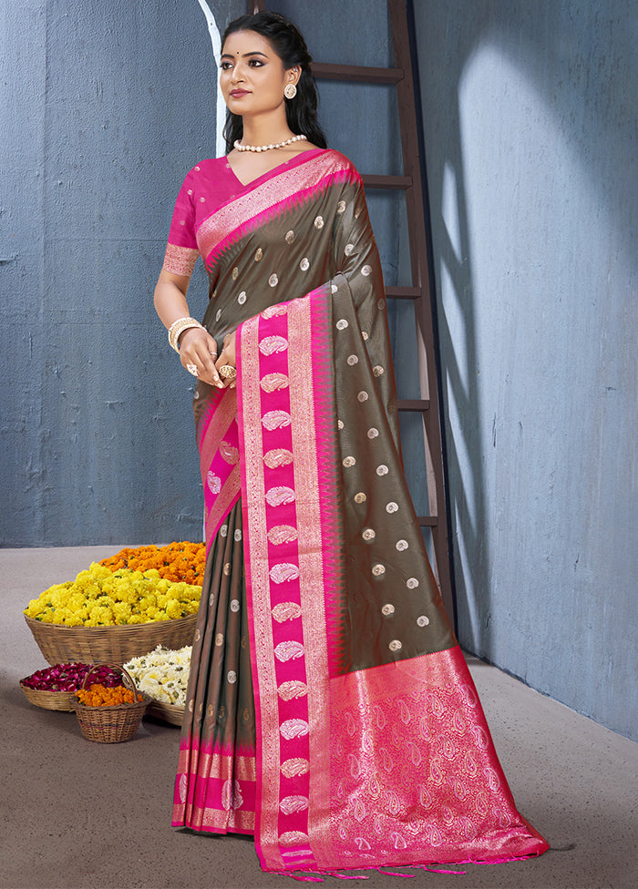 Grey Dupion Silk Saree With Blouse Piece