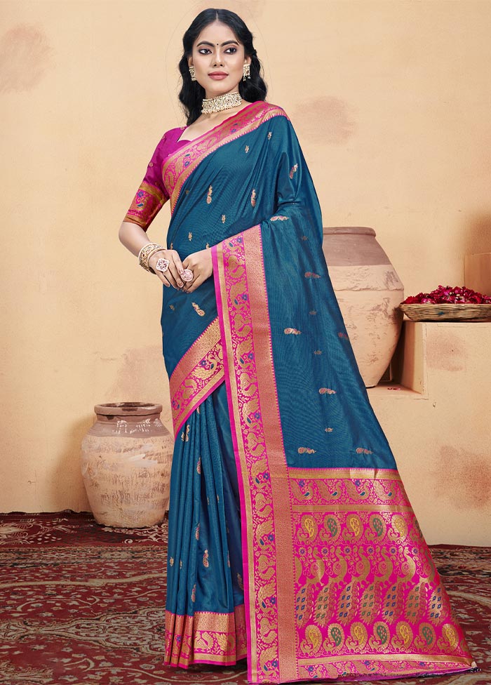 Blue Dupion Silk Saree With Blouse Piece