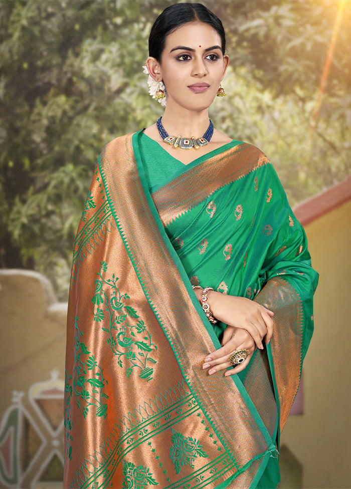 Rama Green Spun Silk Saree With Blouse Piece