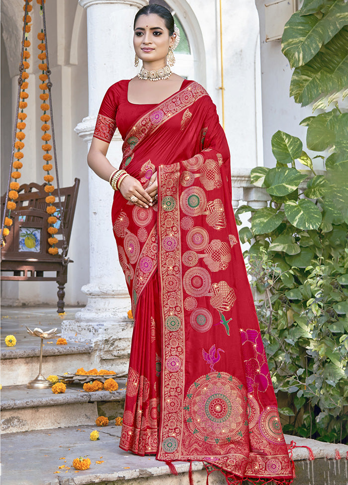 Red Spun Silk Saree With Blouse Piece