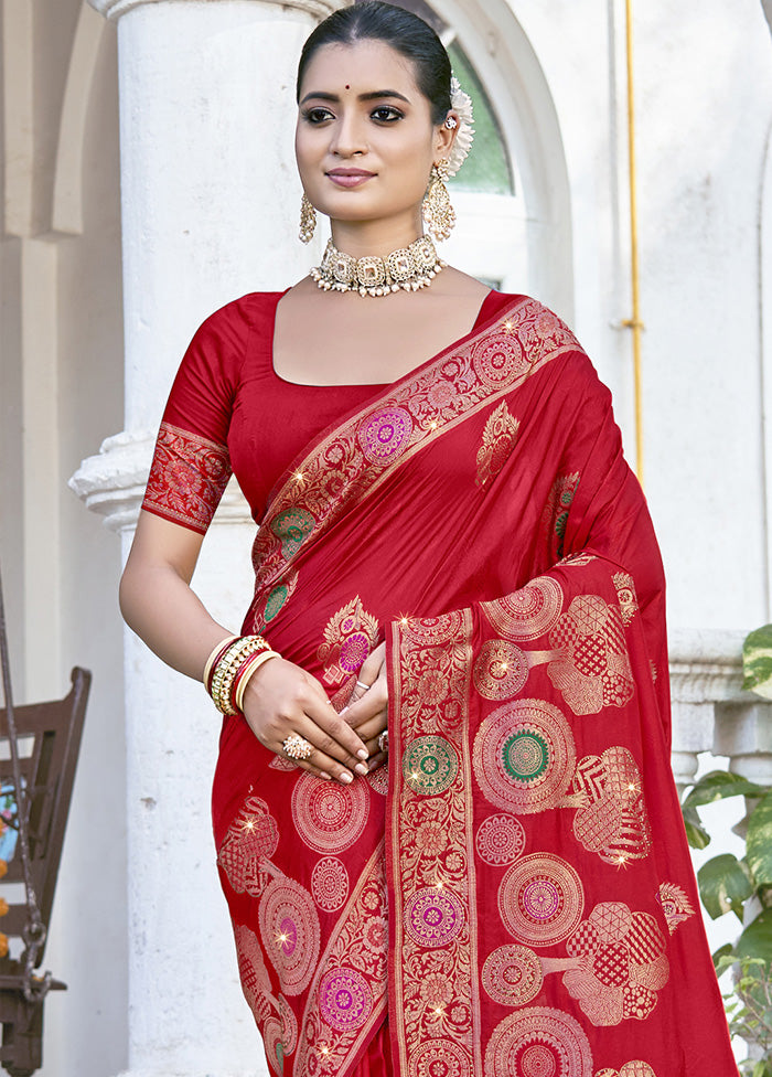 Red Spun Silk Saree With Blouse Piece