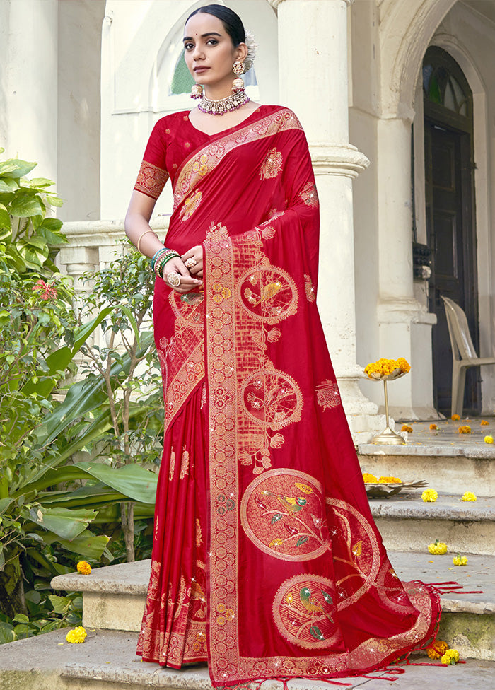 Red Spun Silk Saree With Blouse Piece