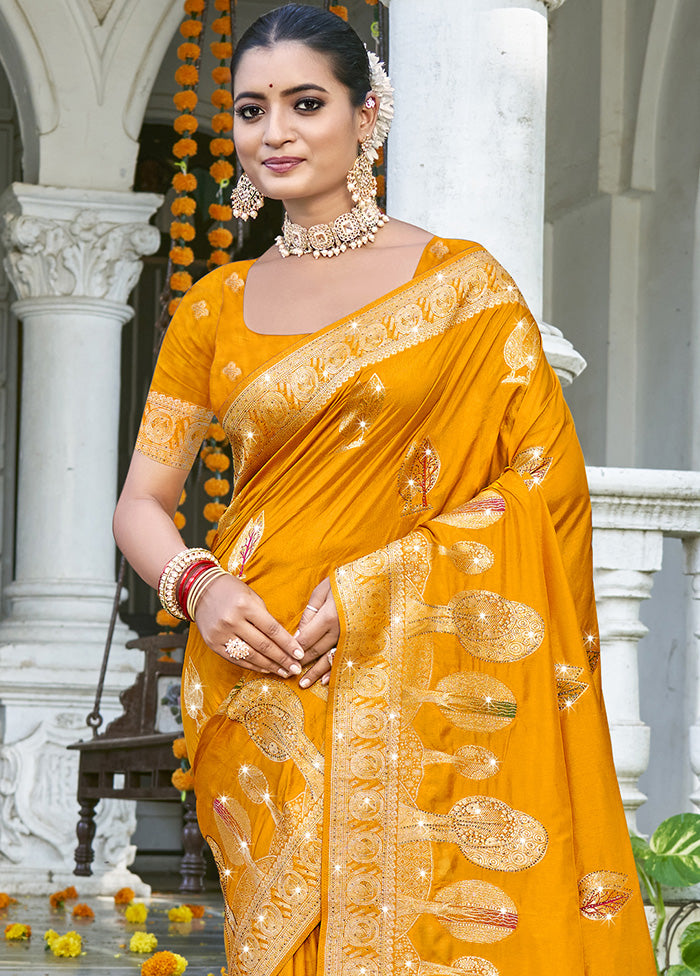 Yellow Spun Silk Saree With Blouse Piece