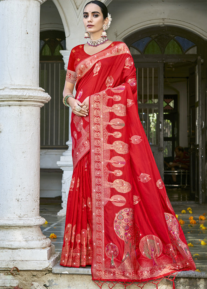 Red Spun Silk Saree With Blouse Piece