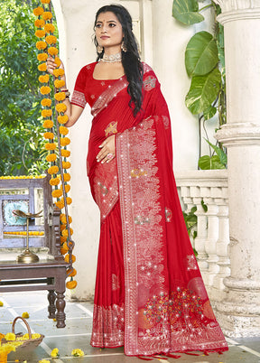 Red Spun Silk Saree With Blouse Piece