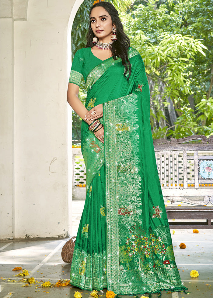 Green Spun Silk Saree With Blouse Piece