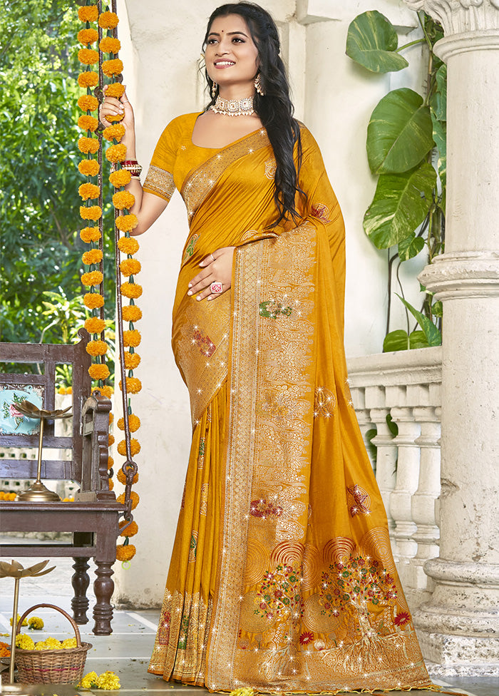 Yellow Spun Silk Saree With Blouse Piece