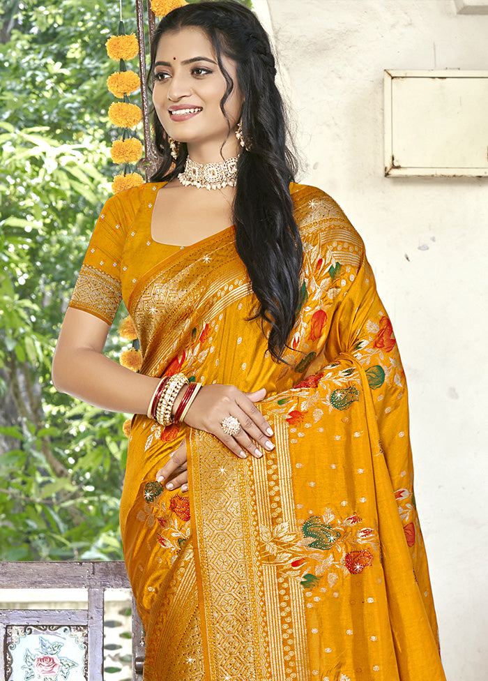 Yellow Spun Silk Saree With Blouse Piece