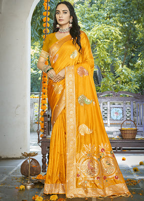 Yellow Spun Silk Saree With Blouse Piece