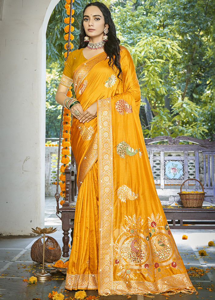 Yellow Spun Silk Saree With Blouse Piece