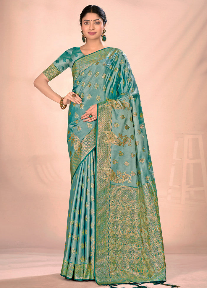 Turquoise Dupion Silk Saree With Blouse Piece